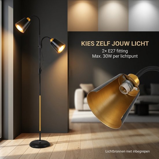 Zwarte staande lamp met twee verstelbare lampenkappen, gouden fittingen en een houten accent. Tekst: Kies zelf jouw licht.