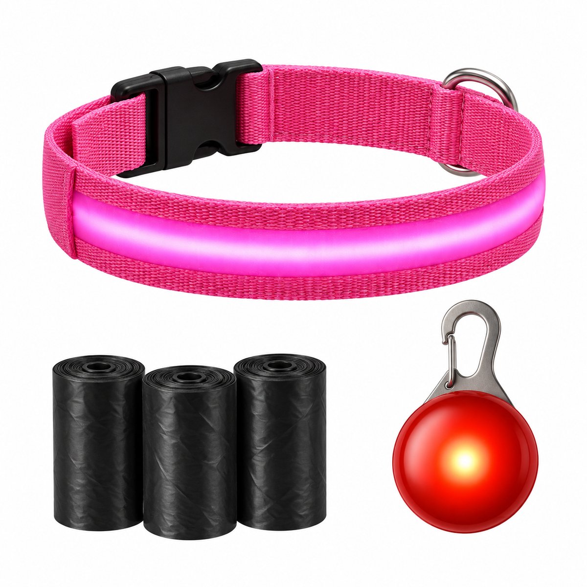 Professor Q LED Halsband Hond - Roze S (34–41 cm) - Rood LED Lampje + 45 Poepzakjes - Nylon USB Oplaadbaar
