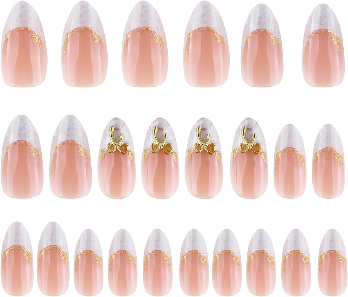 24 stuks kunstnagels, amandelvormig, witte parels, Franse tip, kunstnagels met gouden lijn boogdesign, press-on nagels, kort in 12 maten, volledige dekking, ballerina, acrylnagels met nagelvijl en