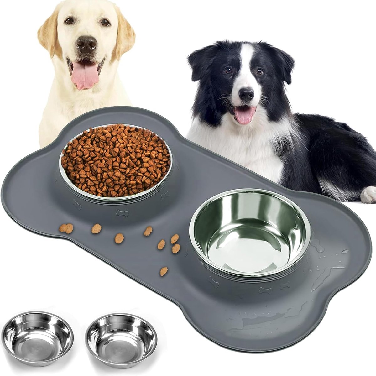 Dubbele bak van roestvrij staal, hondenbak met siliconen mat, gemakkelijk te reinigen, dubbele bak voor kleine en middelgrote honden en katten