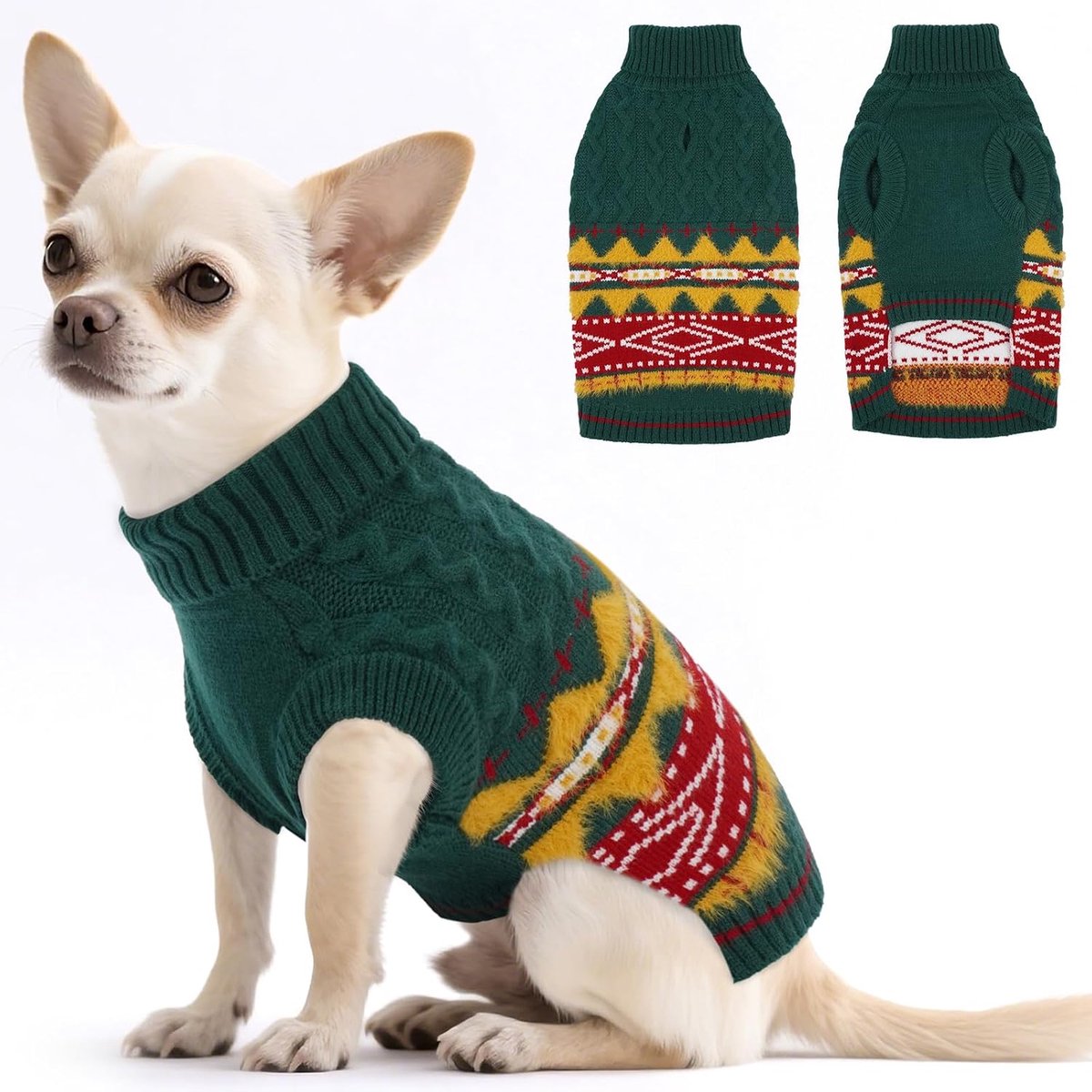 Kersttrui voor kleine honden, hondentrui met opstaande kraag, Kerstmis, wintertrui voor Yorkshire 1-24 kg, groen, M