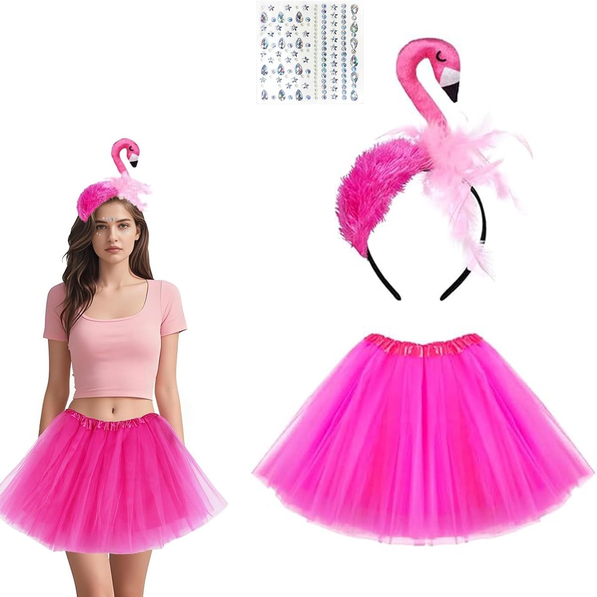 kostuumset, 3 stuks, flamingo-haarband, roze tutu, rok en gezichtsstickers, kostuumaccessoires voor carnaval, feest en themafeest