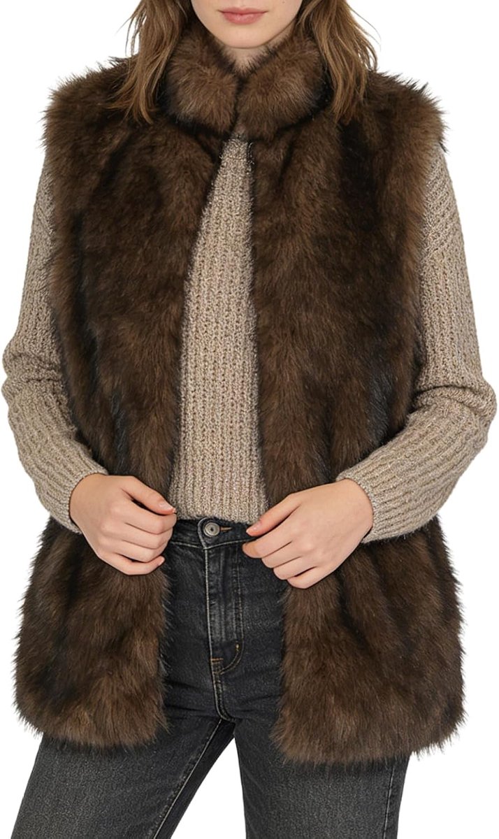 Bontvest voor dames, bontjas, lang vest, kunstbont jas, mantel winter herfst, mouwloos, pluche mantel, kunstbont, vest, elegant, damesvesten met zakken en ritssluiting
