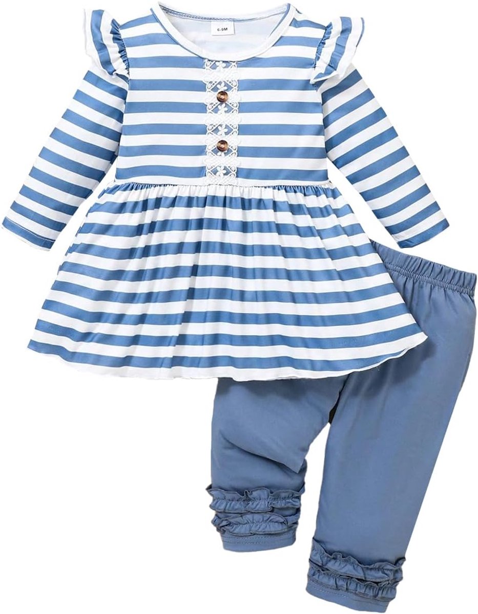 Outfits voor peuters, babymeisjes, met ruches, gestreept/bloemenpatroon, T-shirt met ruches en broek, schattige babyoutfit, set voor herfst en lente, 2-delige set