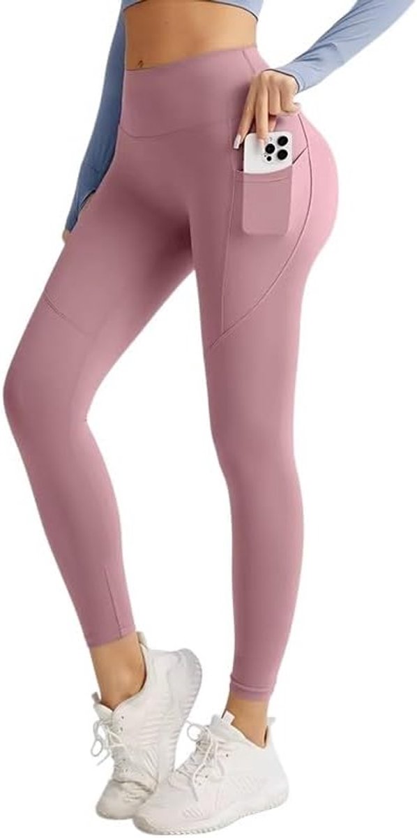 Waist Sport Legging voor Dames, Zwart, met Telefoonzakken, Compressie Broek voor Fitness en Yoga.