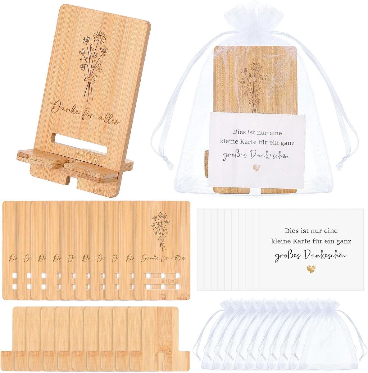 10 Bedankcadeausets met Houten Telefoonhouder en Bedankkaartje, Perfect Afscheidscadeau voor Collega's en Vrienden