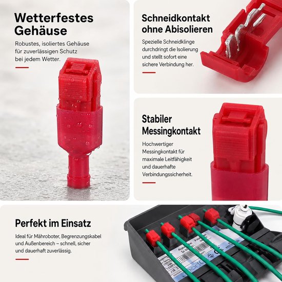 20 stuks T-aftakverbinders, rood, aansluitklemmen voor robotmaaiers, weerbestendig, zonder strippen, compatibel met Husqvarna, Gardena, Bosch, Worx, voor begrenzingskabel en laadstation — afbeelding 4