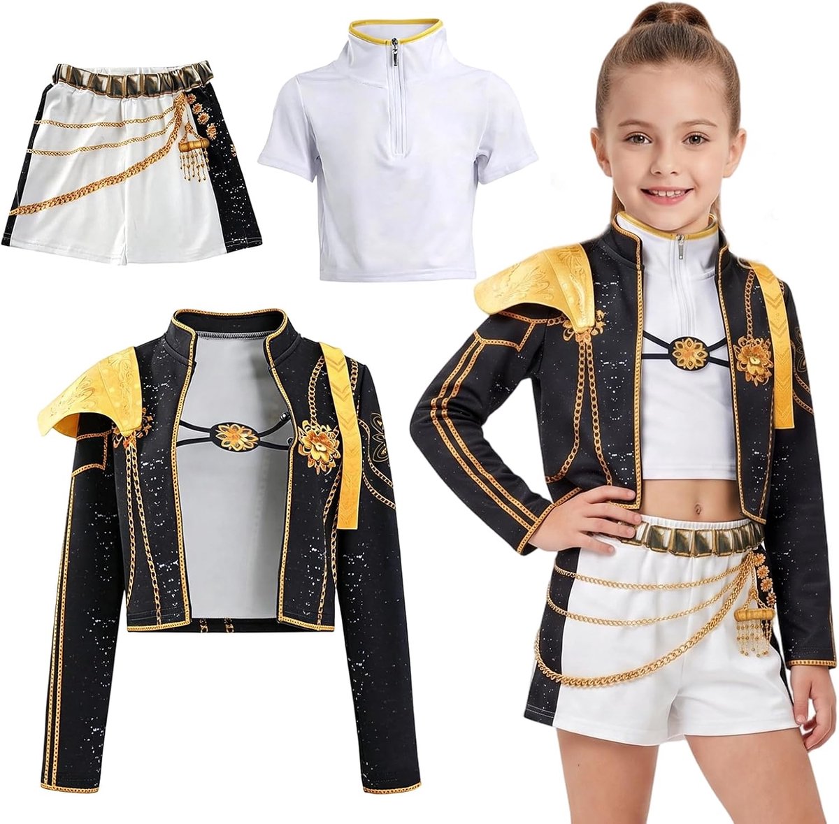 Kostuum voor meisjes, 3-delig, anime cosplay kostuum met jas, vest en shorts, glinsterend anime-uniform, outfitset voor Halloween, carnaval, themafeest, rollenspel kostuumset