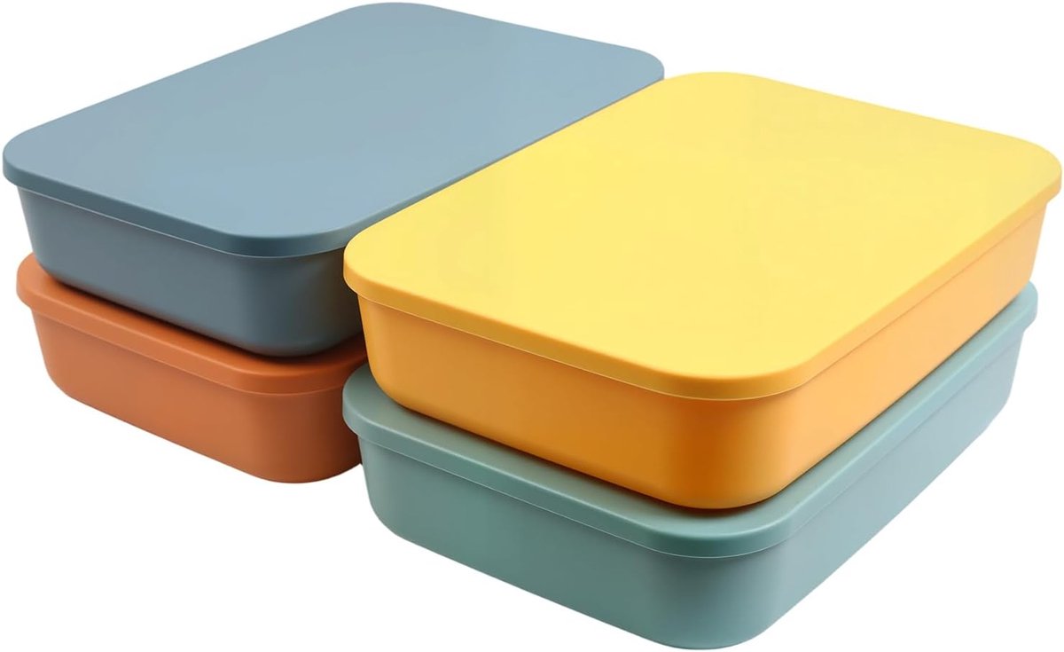 4 stuks 7 l kleurrijke kunststof opbergdozen met deksel, 36,5 x 26 x 7,5 cm, stapelbare opbergdozen met deksel in 4 kleuren, kunststof box organizer box voor planken, keuken, badkamer, kantoor