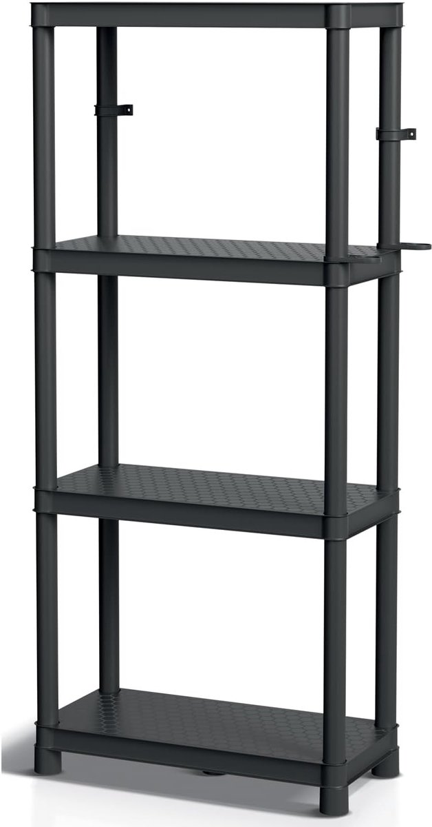 Werkplaatsrek, 58 x 28 x 131,5 cm, tot 185 kg belastbaar, 4 legplanken, steekrek voor zware lasten, opbergrek van kunststof