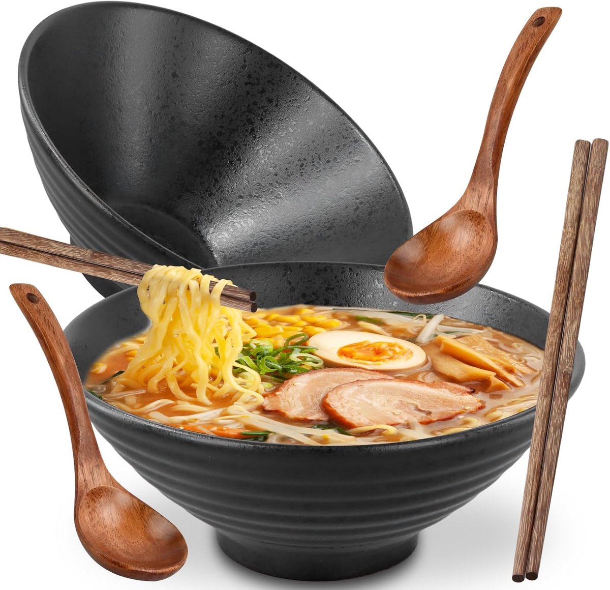 2 sets ramen kommen van keramiek met lepel en eetstokjes, 2 × 1000 ml slakommen, soepkommen, Japanse kom voor ramen, salade, muesli (zwart)