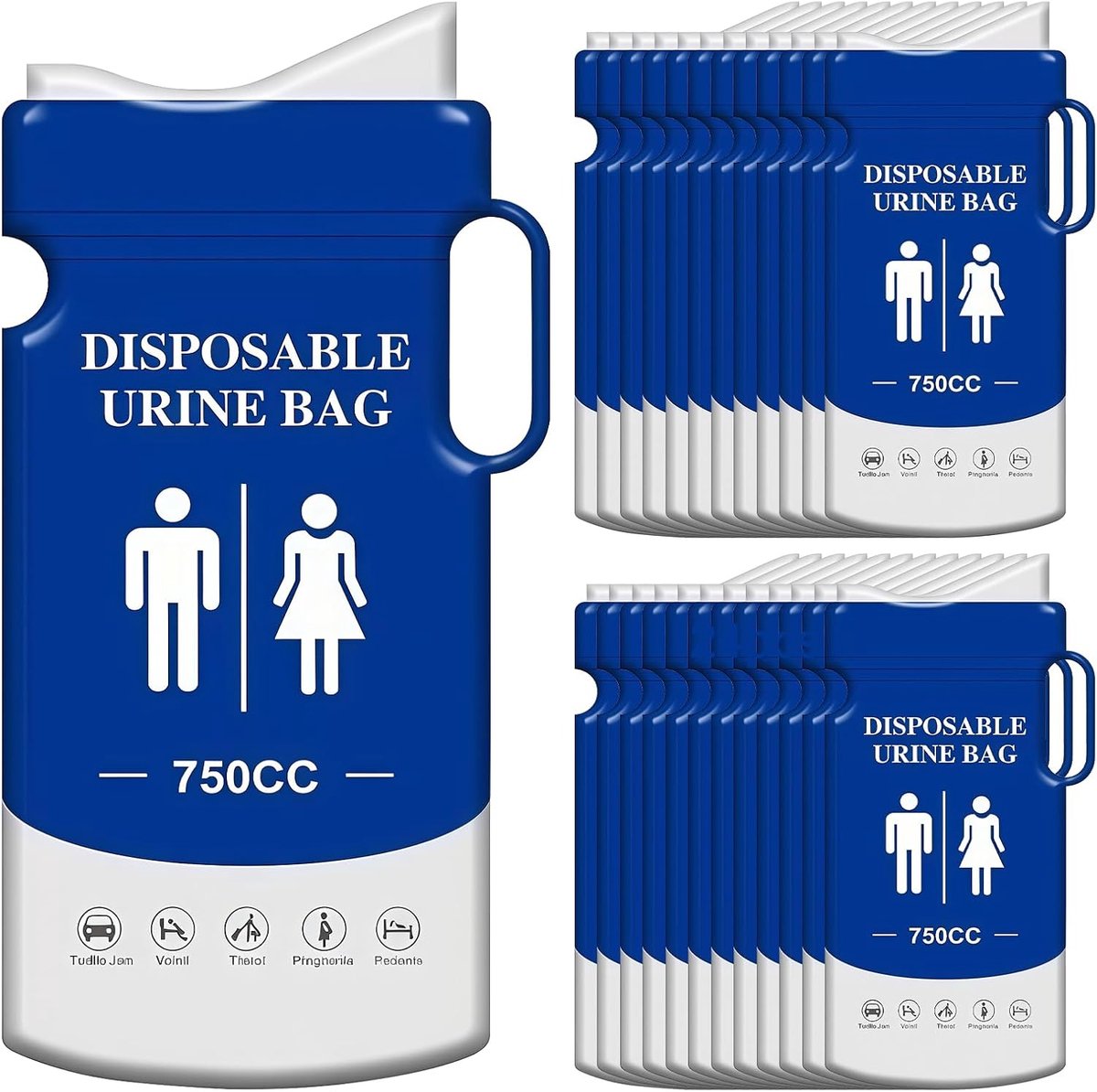 24 stuks wegwerp urinezakken 750 ml: urinezak voor onderweg met handvat, noodtoilet zakken, noodtoiletten voor auto, draagbare urinezakken voor kamperen, wandelen, reizen, file - donkerblauw