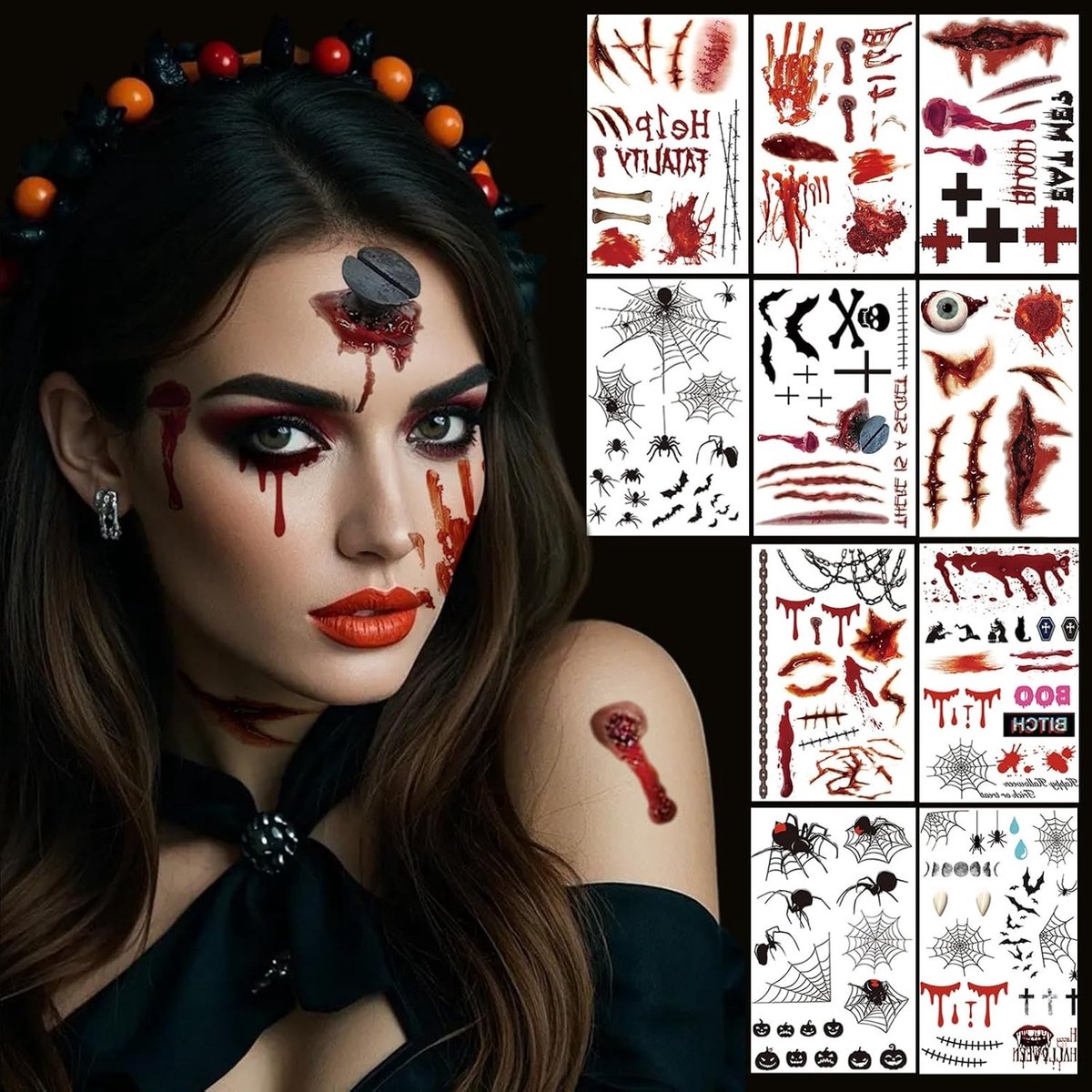 Halloween Tatoeages voor Kinderen en Volwassenen - 10 Bladen met Schrikwekkende Littekens en Horror Make-up Accessoires voor Kostuums en Feestjes