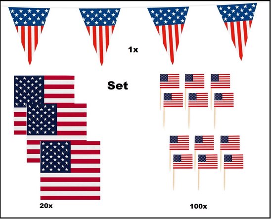 Feestpakket USA | 1x Vlaggenlijn USA 10 meter + 20x Servetten USA 33cm x 33cm 3 laags + 100x Cocktailprikkers USA - Amerika set - VS thema feest voetbal