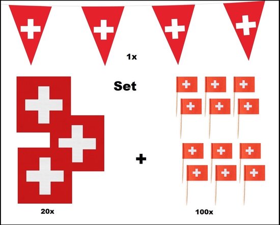 Set de fête avec des drapeaux suisses : guirlande, serviettes et cure-dents, tous avec la croix blanche sur fond rouge.