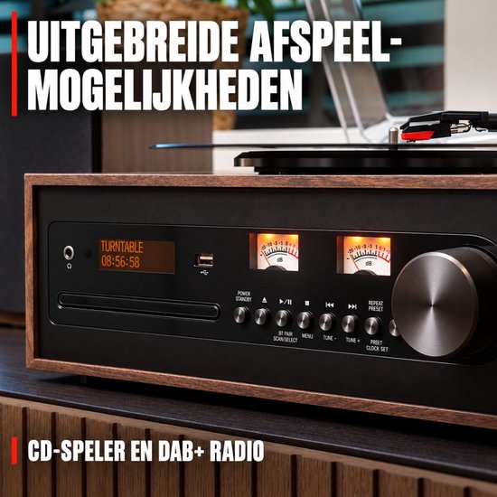 Levo® Platenspeler met CD Speler - Platenspeler Retro - CD Speler met DAB en FM - Inclusief Bluetooth - Donkerbruin - 37 x 12 x 30 cm — afbeelding 3