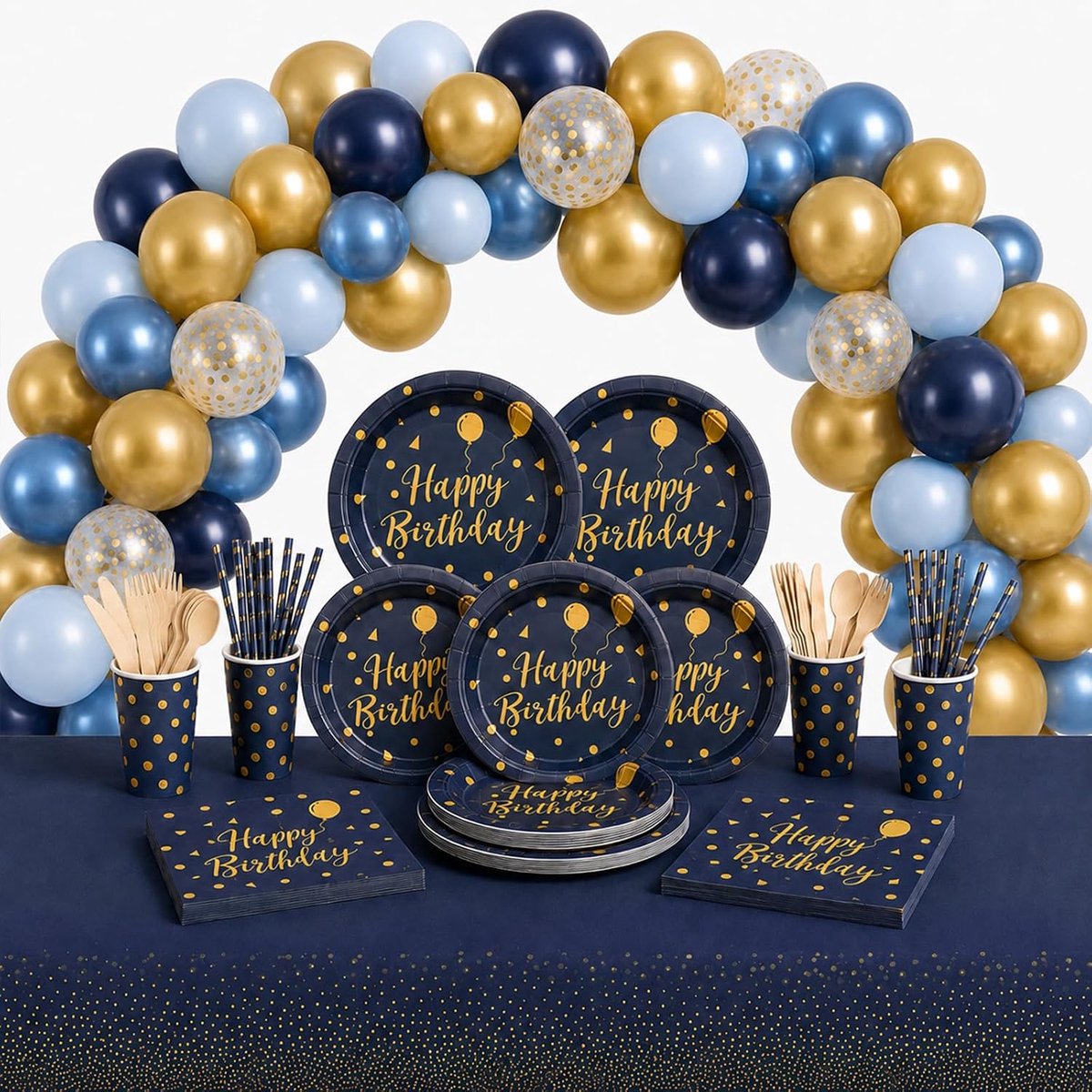 donkerblauwe feestservieset (130-delig), ideaal voor verjaardagsfeestjes. Bevat papieren borden, servetten, bekers en houten bestek, geschikt voor 16 gasten.