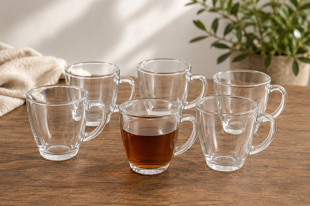 Bera Home - Koffieglazen met Oor Set van 6 - 370 ml - Stijlvolle Glazen Koffiemokken - Vaatwasser & Magnetron Bestendig