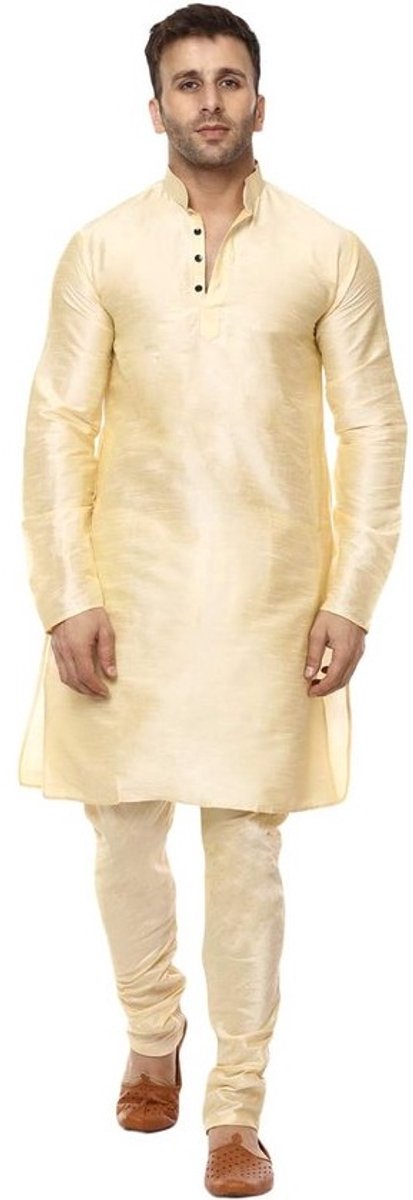 Witte Kurta Pyjama Set Heren Lange Mouwen Effen Katoenmix