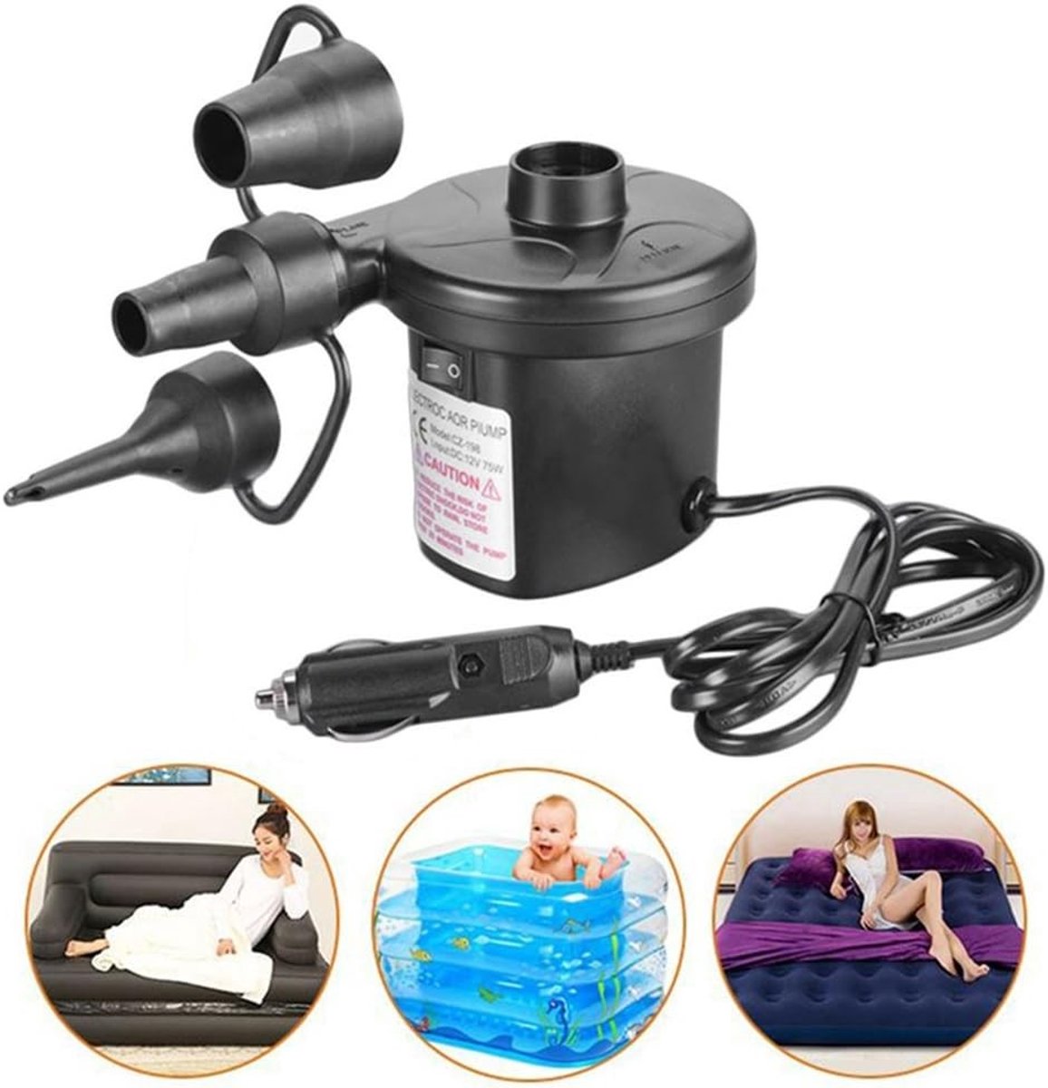Automatische elektrische luchtpomp voor auto met 3 opzetstukken - ideaal voor opblaasbare boten, luchtbedden en strandaccessoires, perfect voor tuin, vakantie en kamperen