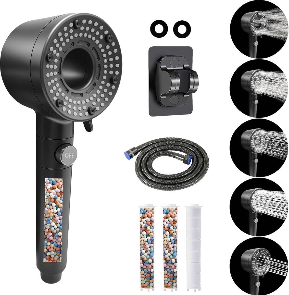 Douchekop met slang 1,5 m, douchekop met filter, 5 straalsoorten, hogedruk handdouche met filtratie bacteriën en zwaar metaal