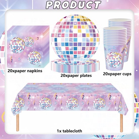 61 delige disco muziekfeest servies set, paars glitter decoratief kleurenschema, verjaardagsfeest decoraties, tafelkleed, papieren bekers, servetten, papieren borden, geschikt voor 20 gasten — afbeelding 2