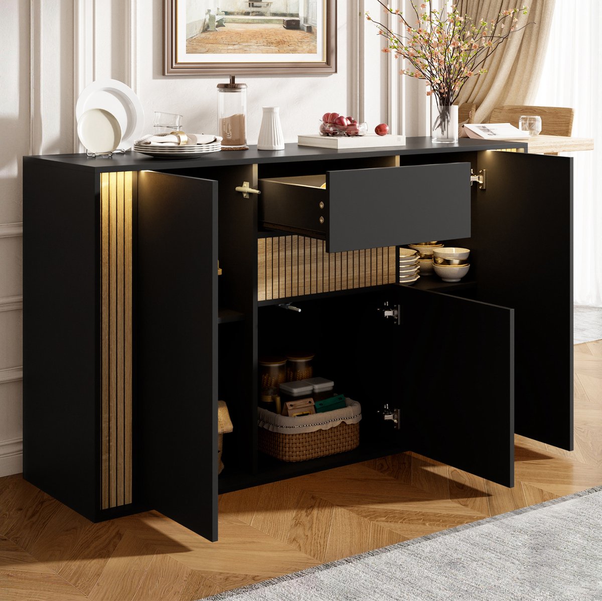 COVREO Dressoir met 3 deuren en lade – Sideboard met LED-verlichting – Opbergkast voor woonkamer – 140x40x82 cm – Zwart/naturel
