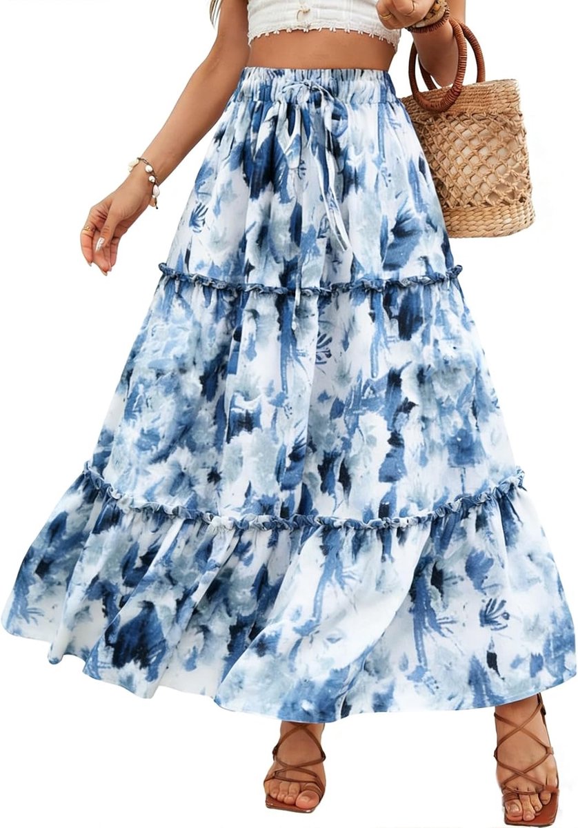 rok voor dames, zomer, bohemien, maxi-rok, hoge taille, elegant, vintage, elastisch, casual, strand, rok, bohemien, vakantie, zomerbloemenrok