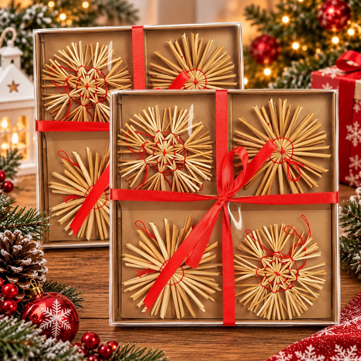 Kerstster ornamenten set van stro met rood draad, Ø 10 cm, kerstboomhangers