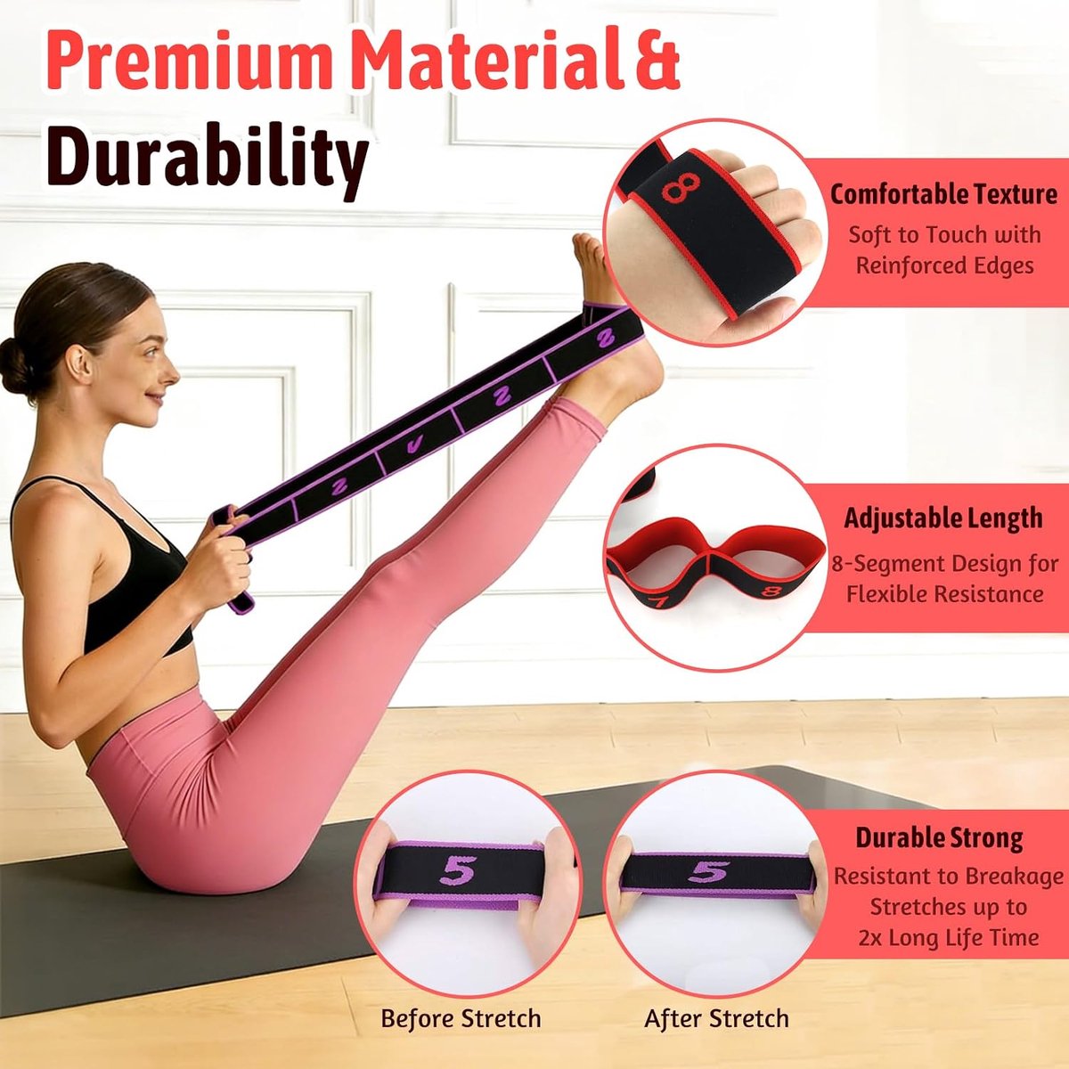 2 stuks elastische fitnessbanden fitness yoga stretchband met 8 lussen elastische weerstandsband Latijnse weerstandsbanden voor pilates stretching training dans