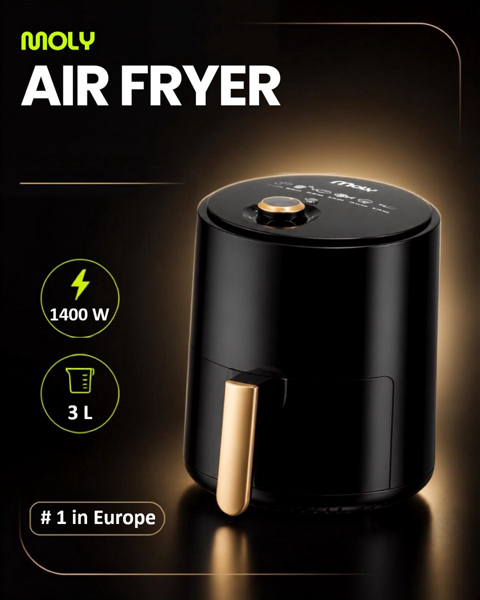 Moly Airfryer 3 Liter - 1400W - Heteluchtfriteuse - Compacte Air Fryer - Voor Frituren, Bakken en Bereiden