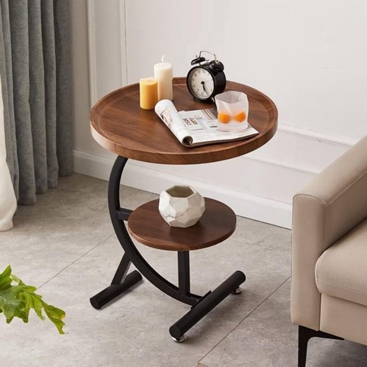 Zijtafel C-vormig Houten Salontafel met Dubbele Plank