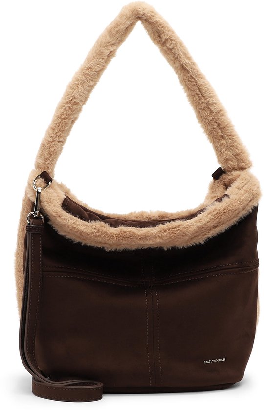 Bruine tas van Emily & Noah met beige nepbont, ritssluiting en extra schouderriem.