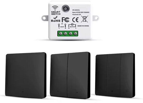 Witte smart switch met RF 433MHz en drie zwarte, vierkante, draadloze schakelaars.