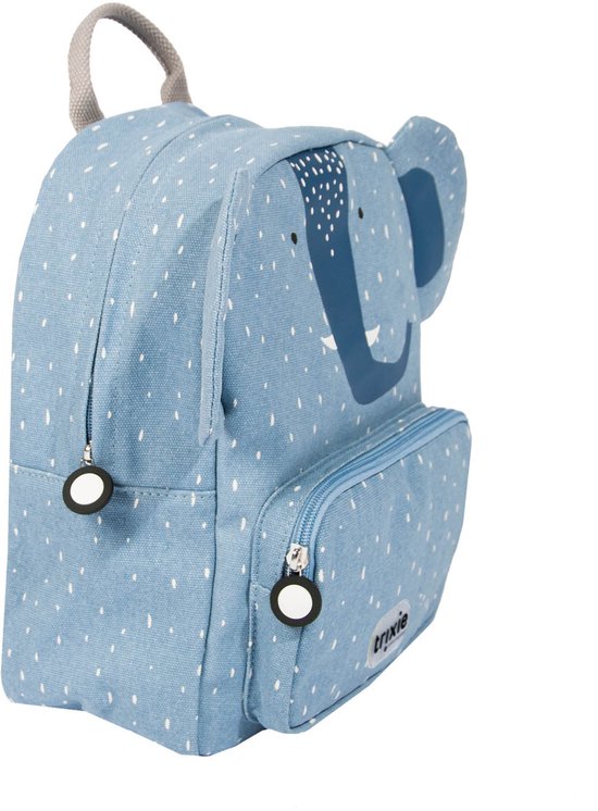 Blauwe rugzak met olifantengezicht, witte stippen en ritsvak met 'trixie' logo.