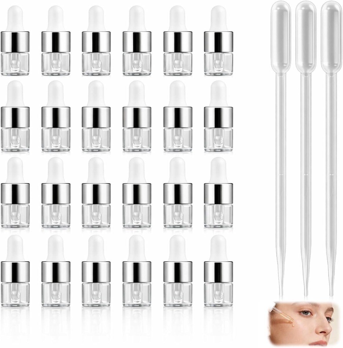 30 stuks 1 ml mini-pipetflessen, van glas, kleine monsterflessen met druppelpipet, dichte glazen druppelflessen voor etherische oliën, aromatherapie, geurolie, cosmetische monsters
