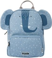 Blauwe rugzak met olifantengezicht, witte stippen, grijze details en 'trixie' logo.