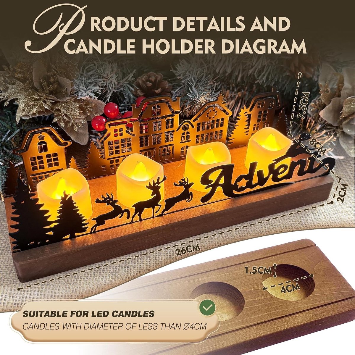 Adventskrans - Zwart - 26 x 8 x 9,5 cm - Metalen Kandelaar met Houten Houders - Voor Kerstdecoratie – foto 4