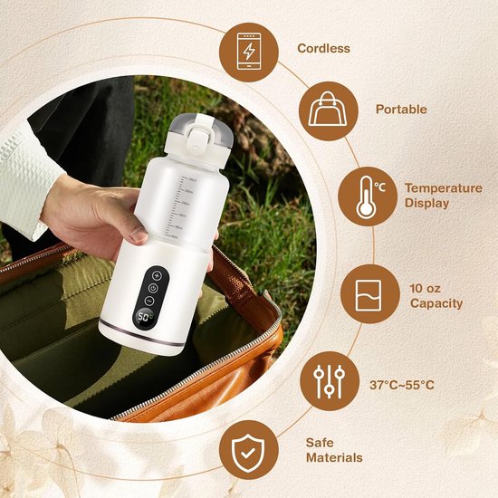 Draagbare flessenwarmer voor baby's van 300 ml, waterverwarmer voor in de auto, instelbaar temperatuurbereik van 37°C tot 55°C, snelle opwarming. — afbeelding 3