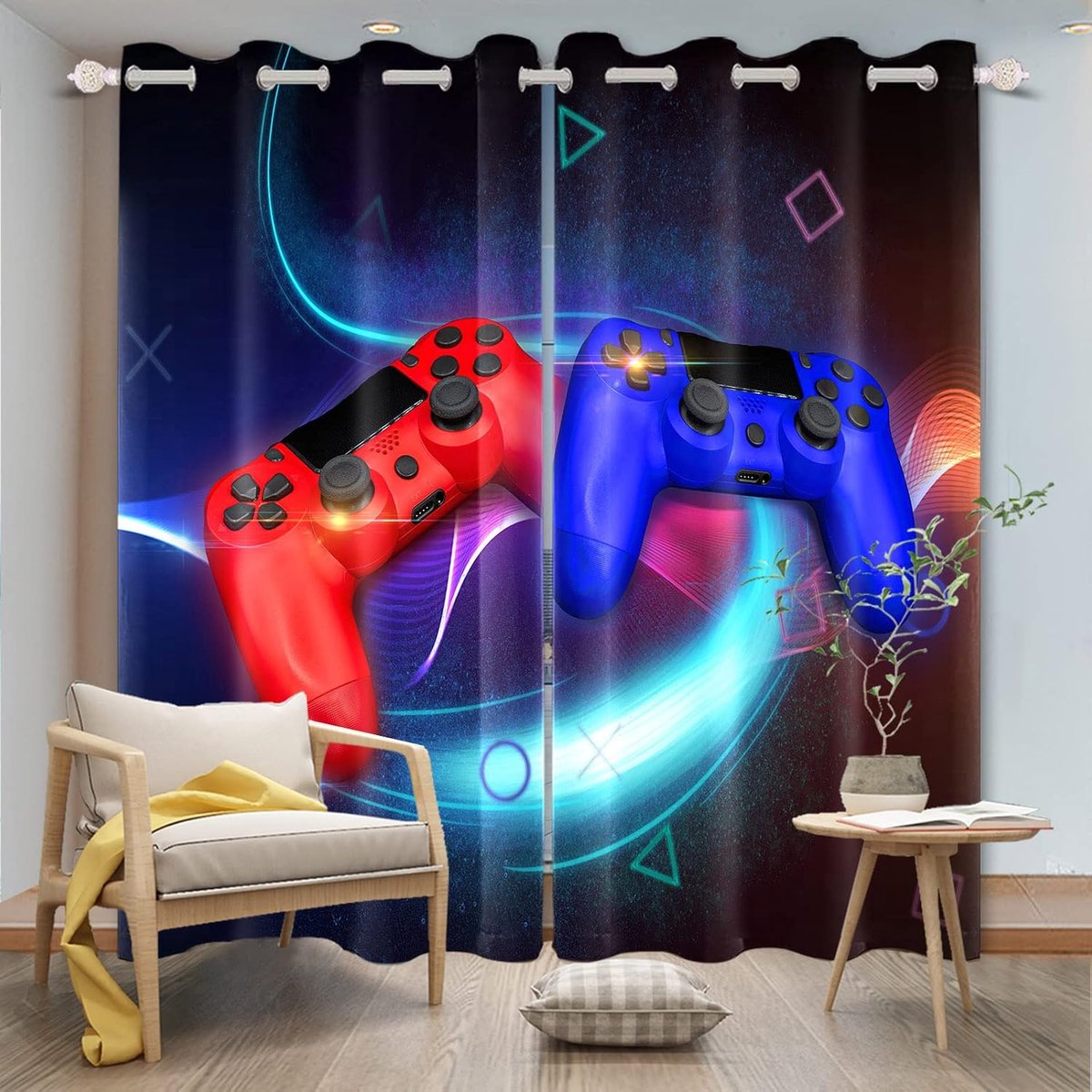 117x183 cm Modern Gamer Raamgordijn Blauw Rood Gamepad Cool Video Game Magische Tiener Game Controller Game Lover raamgordijnen voor Jongen Tiener Slaapkamer Thermisch Geïsoleerd Gordijn, 2