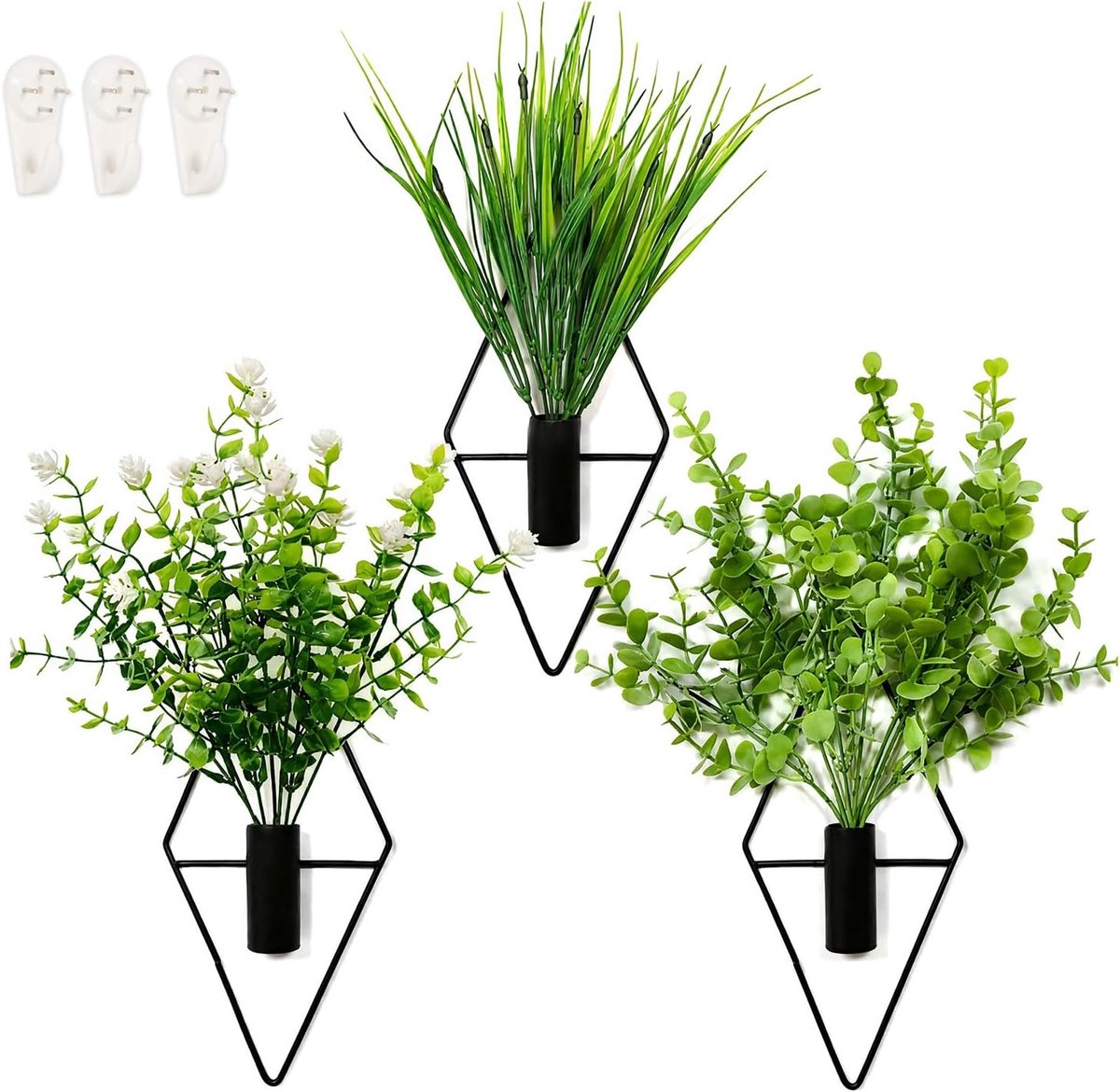 Wanddecoratie set van 3 - kunstplanten - smeedijzer - geschikt voor binnen en buiten - ShopVlot