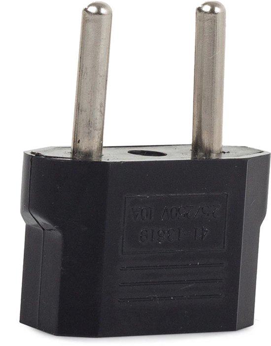 Zwarte reisstekker adapter met twee ronde pinnen en tekst '41-13619 25/250V 10A'.