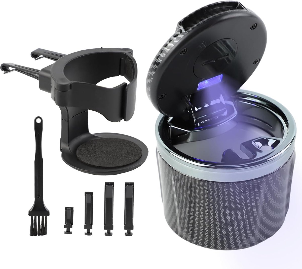 Asbak voor auto, asbak voor auto, geurremmend, met houder en reinigingsborstel, automatisch ledlicht, verwisselbare batterij, verzegeld, vuurvast (grijs)