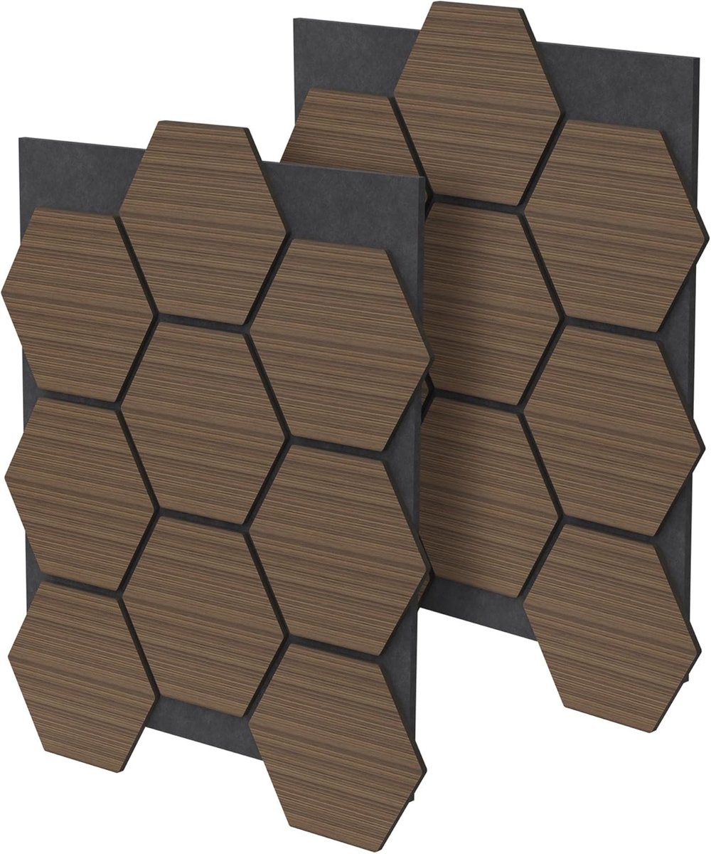 Set van 2 Akoestische MDF Panelen 66x81x2cm 1m² Bruin in Hexagonale Houtlook Geluidswerende Wandpanelen Akoestische Wandbekleding voor Kantoor Studio Muurdecoratie en Geluidsabsorptie