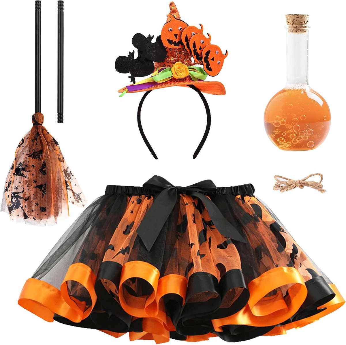 4-delige heksenkostuum set voor kinderen, Halloween kostuum voor kinderen, heksentutujurk met heksenbezem, hoofdband en toverdrankfles, heksenkostuum voor meisjes, Halloweenheksenkostuum voor carnaval