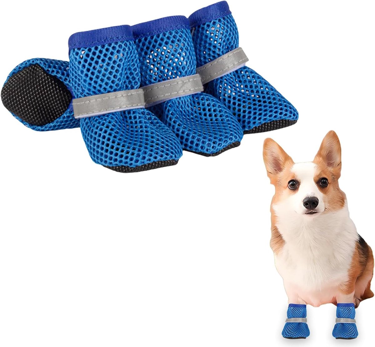 Schoenen met mesh, 4 stuks, ademende pootbescherming, hondenschoenen, antislip, hondenschoenen voor warme zomervloeren, zomer, verstelbare hondenlaarzen voor kleine honden (blauw, S)