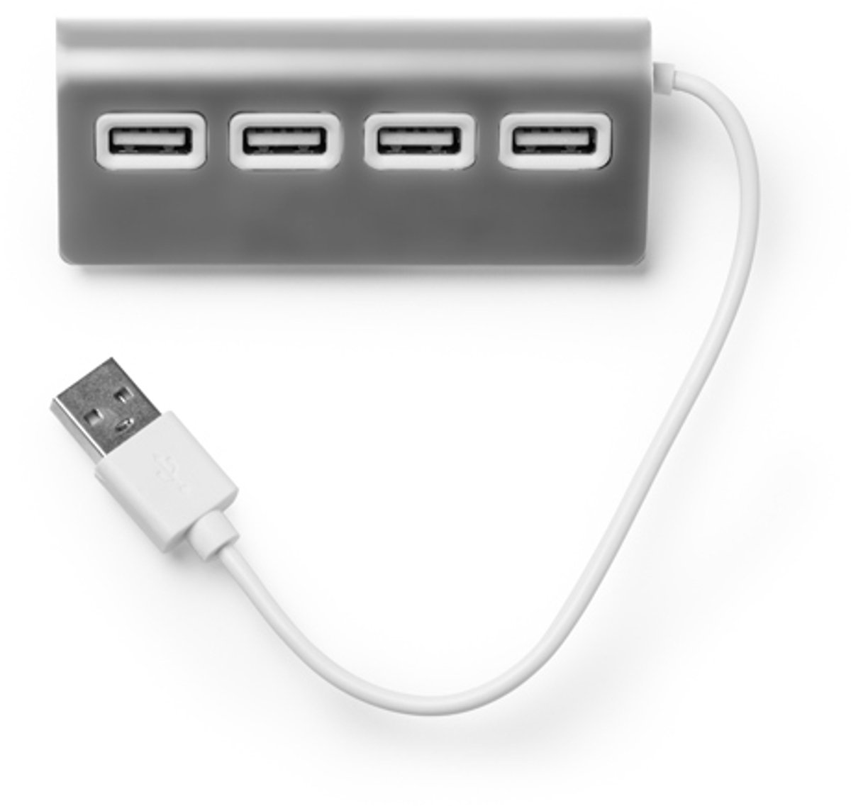 USB-poort met aluminium behuizing, tweekleurige afwerking en witte kabel. Inclusief 4 USB-poorten zilver