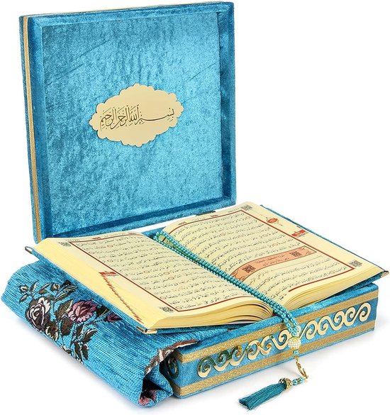 islamitische fluwelen geschenkdoos, 4-delige luxe set bekleed met elegant koranfluweel en Tesbih gebedskralen en gebedkleed, petroleum — afbeelding 2