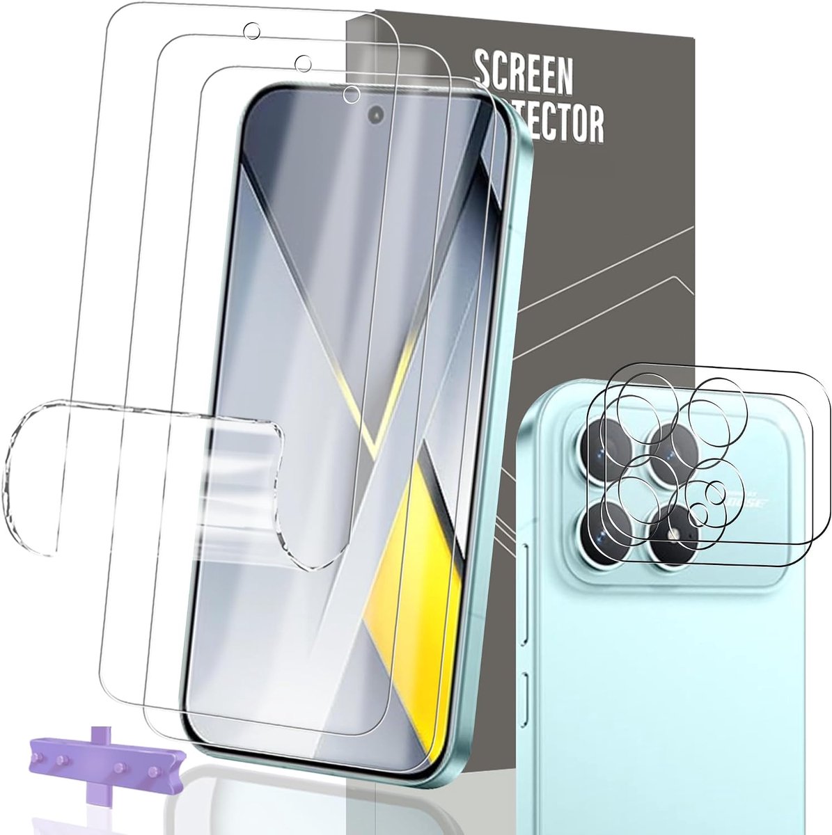 Displaybeschermfolie voor Xiaomi Poco F8 Pro – 3 stuks flexibele folie + 2 stuk camerabeschermer van gehard glas, krasbestendig, HD helder