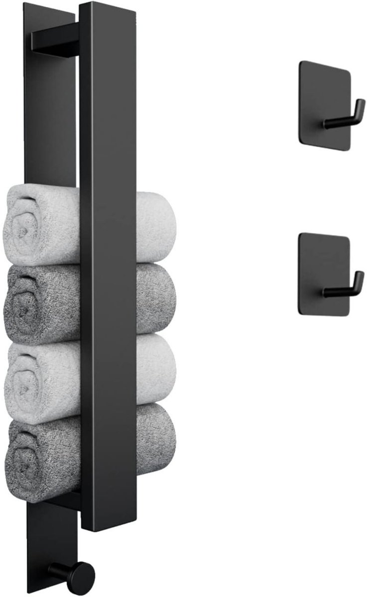 SSTRWGOOD Handdoekrek zonder boren – Zelfklevende handdoekstang van 40 cm voor de hoofd- en gastenbadkamer – Wandgemonteerde RVS handdoekstang met 2 haken – Geschikt voor badkamers en kleine badkamers – Zwart